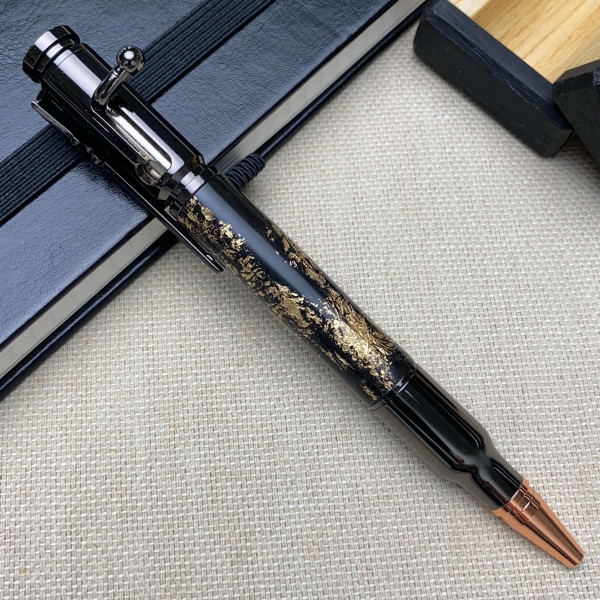 Унікальна кулькова ручка із механізмом затвору NV-084 з мореного дуба та золотої поталі