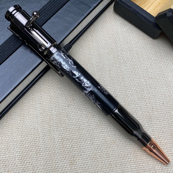 Унікальна кулькова ручка із механізмом затвору NV-084 з мореного дуба та срібної поталі