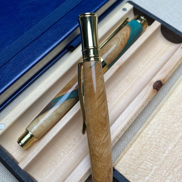Унікальний комплект ручної роботи: ручка-ролер + кулькова NV-341/173 дерево дуба та епоксидна смола